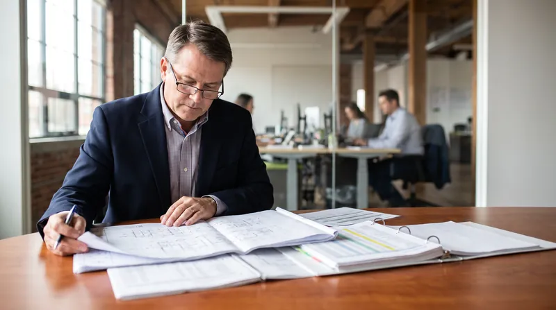 A commercial property insurance adjuster reviewing blueprints and financial documents at a wooden desk.
