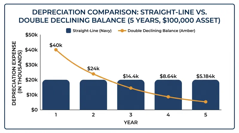 Double declining balance front-loads the expense into the first two years, while straight-line spreads it evenly.
