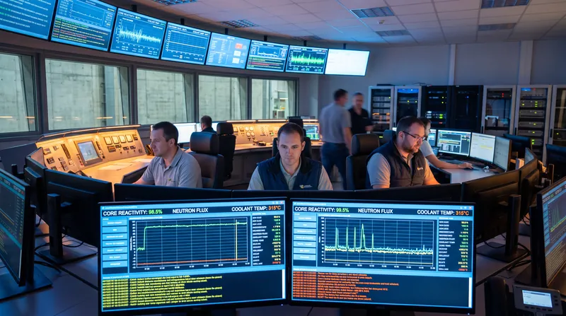 Operators in a nuclear power plant control room monitoring digital screens displaying reactor core data.