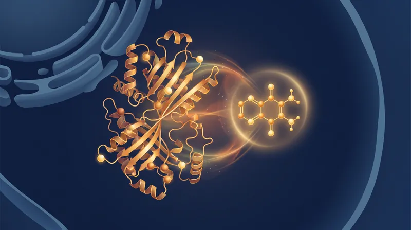 A stylized scientific illustration showing a glowing molecular structure interacting with a folded protein inside a cell.