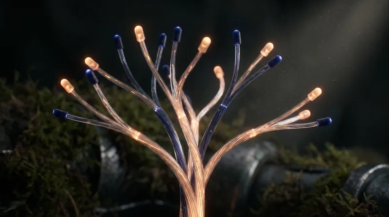 An abstract, glowing representation of a decision tree made of fiber optic cables with blue and amber nodes.