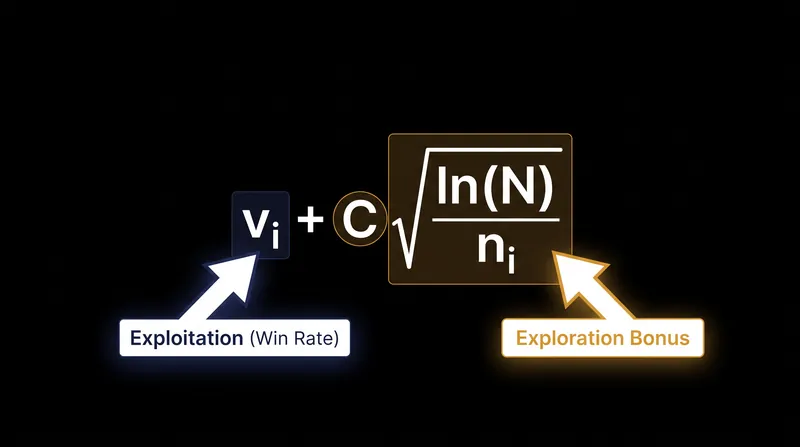 The UCB1 formula balances the known win rate of a node against an exploration bonus that grows the longer a node is ignored.