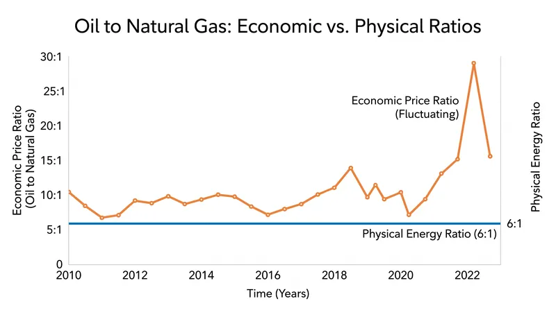 While the physical energy ratio remains a constant 6:1, the economic ratio fluctuates wildly based on commodity prices.