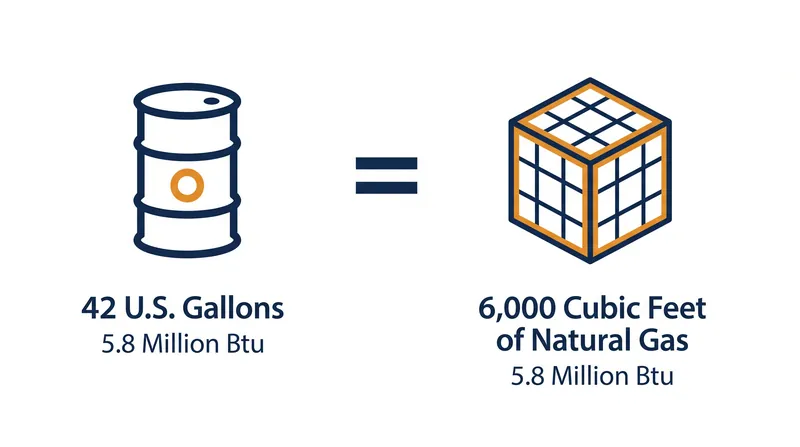 The physical conversion assumes 6,000 cubic feet of natural gas yields the same thermal energy as one barrel of oil.