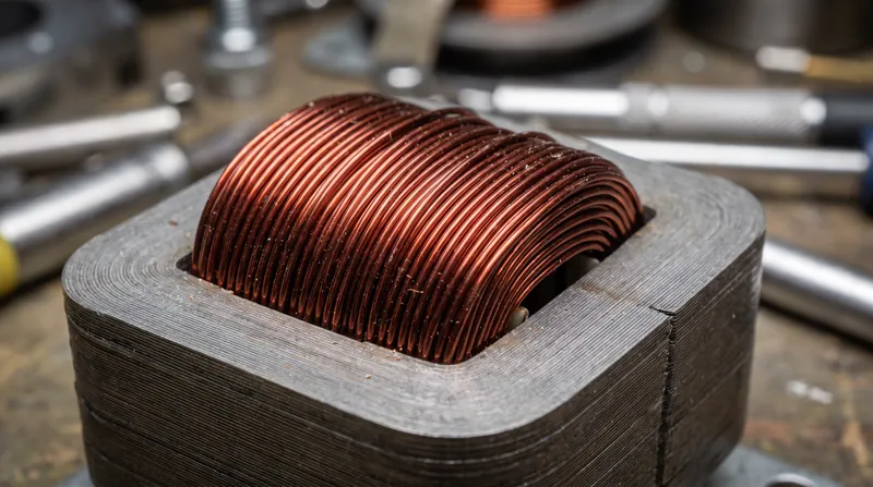 Close-up view of thick copper wire tightly wound around a laminated steel transformer core.