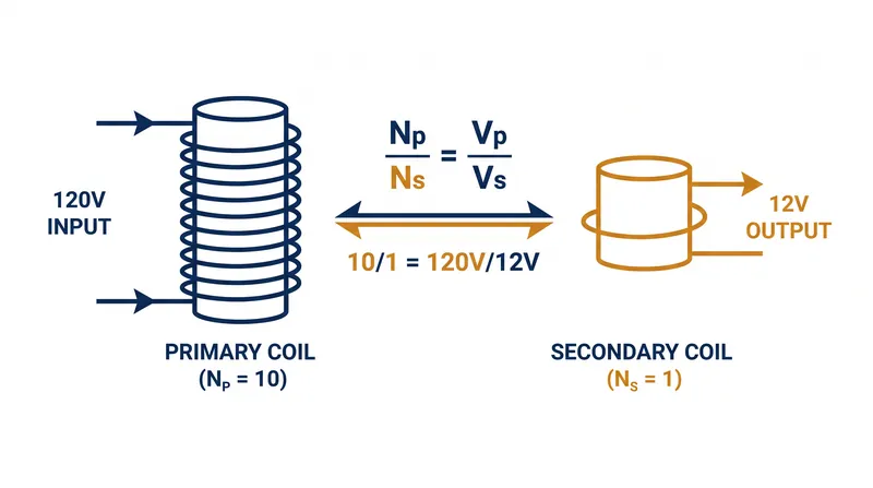 A 10:1 turns ratio steps down 120 volts of input power to exactly 12 volts of output power.