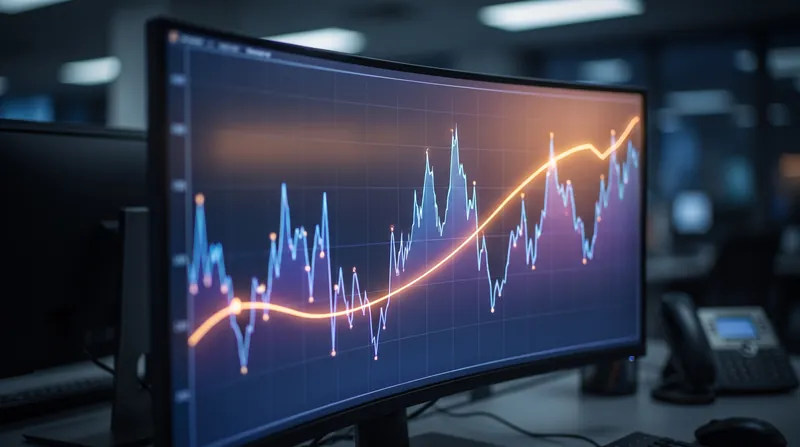 A glowing computer monitor displaying a volatile time-series chart with a smooth amber trend line cutting through jagged blue data points.