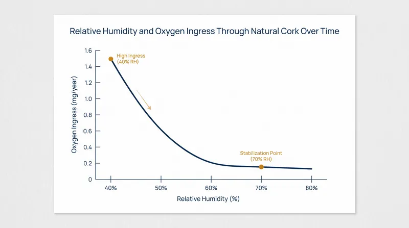 Relative humidity below 60 percent causes the cork to shrink, allowing damaging oxygen to enter the bottle.