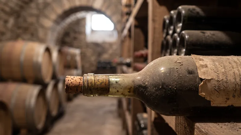 A dusty vintage wine bottle resting horizontally on a wooden rack in a dimly lit cellar, focusing on the cork.