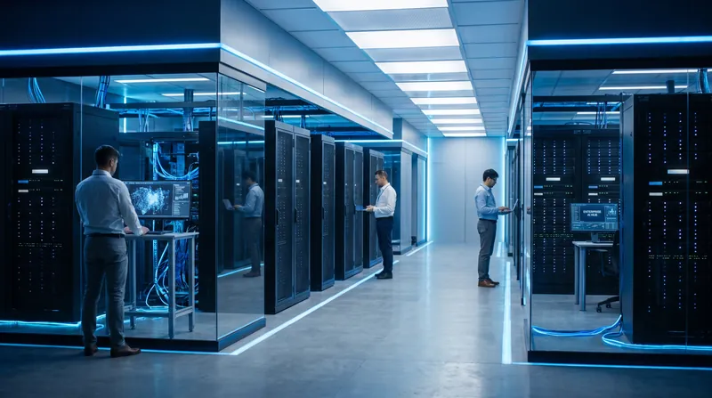 A modern server room with glowing blue lights representing enterprise cloud infrastructure and AI orchestration.