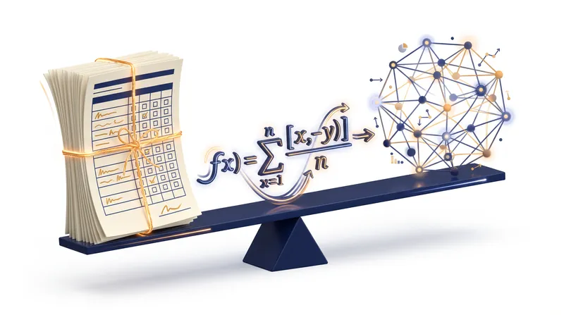 A 3D rendering of a mathematical formula balancing on a fulcrum against a stack of surveys.