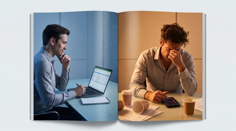 A split-screen conceptual image showing a person reacting calmly to a financial gain and panicking over a loss.