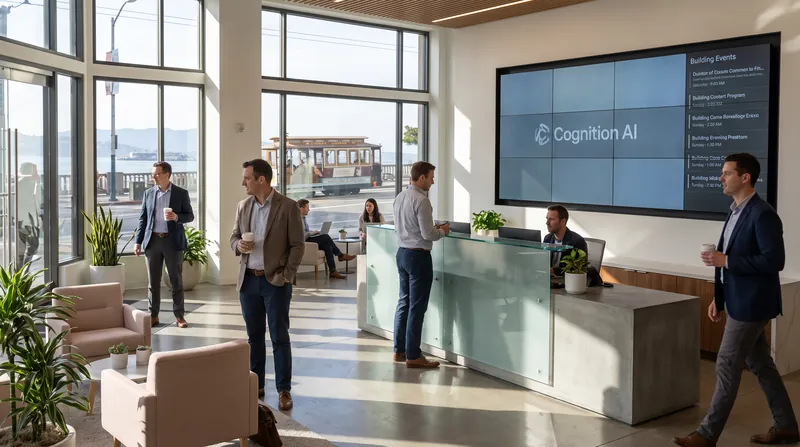 A modern tech office building in San Francisco representing the headquarters of a major software startup.