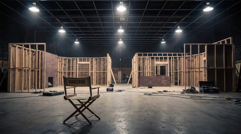 An empty television soundstage with half-built sets illuminated by overhead work lights and a lone director's chair.