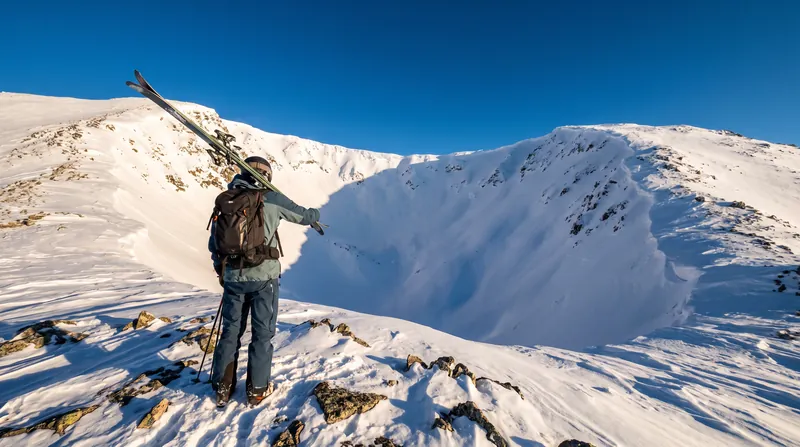 A backcountry skier stands on a snowy ridge looking down into a steep, untracked alpine bowl.