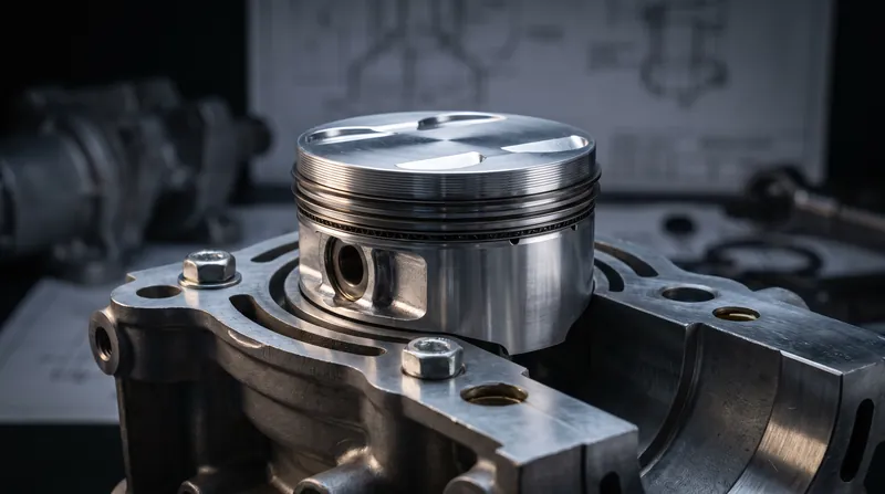 A polished metal engine piston sits at the top of a cutaway cylinder block.