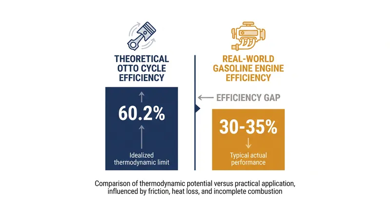 Real-world friction and heat loss cut theoretical efficiency nearly in half.