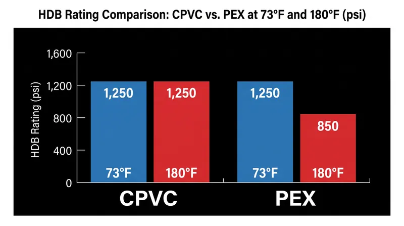 While both materials boast a 4,000 psi HDB at room temperature, CPVC retains significantly more tensile strength at 180°F.