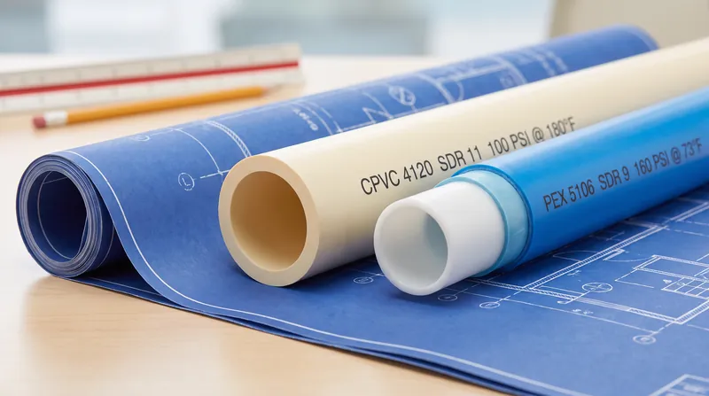 Close-up of red and blue PEX tubing alongside rigid cream-colored CPVC pipes in a residential utility room.
