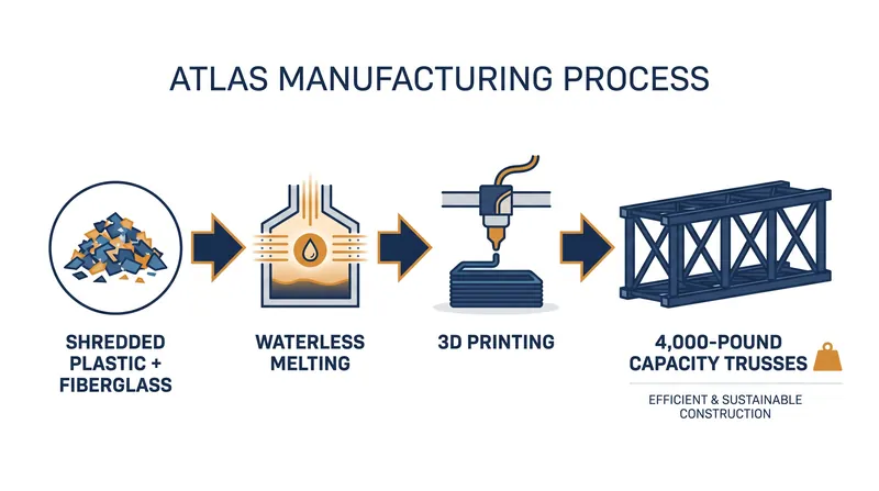 The Atlas Factory Stack shreds unwashed plastic and fuses it with fiberglass to 3D-print structural components.