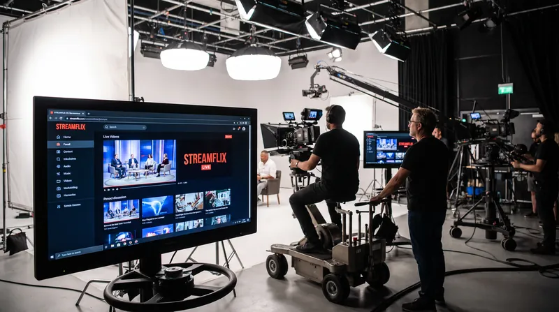 A modern television production set featuring a glowing monitor displaying a streaming interface alongside cinema cameras.
