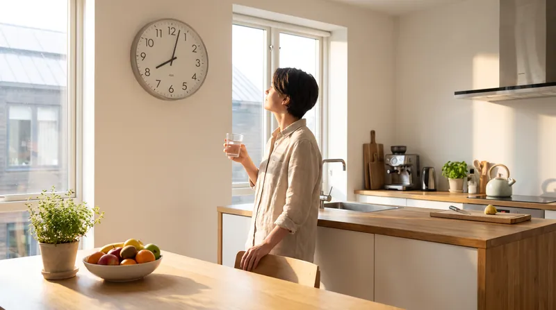 A person looking at a clock in a sunlit kitchen, representing the timing of intermittent fasting.