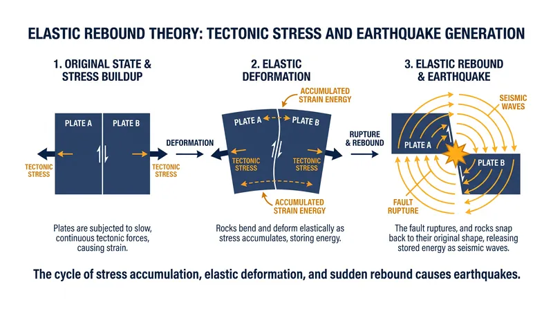 The elastic rebound theory explains how locked faults bend and eventually snap back to their original shape.