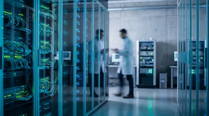 Rows of illuminated server racks in a modern computer science research laboratory.
