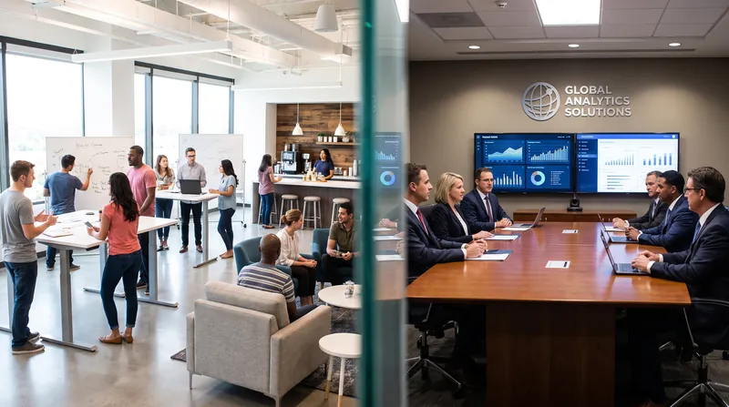 A split-screen view showing a collaborative open-plan office next to a formal, structured corporate boardroom.