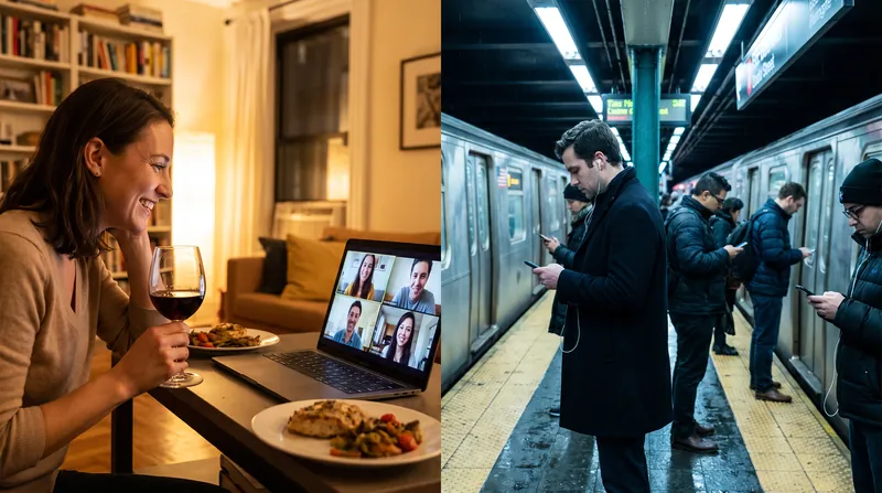 A split view showing a person smiling during a video call in a cozy room, contrasted with a solitary figure walking through a crowded, blurry city street.