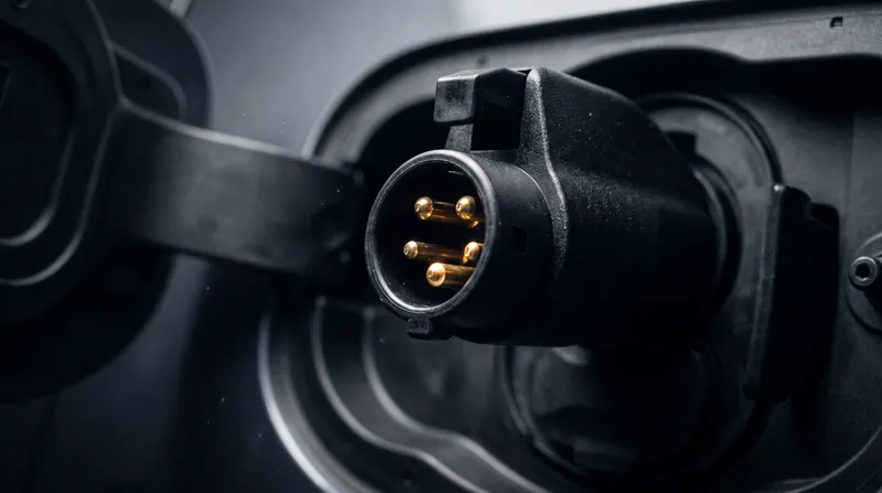 Close-up view of the metallic pins inside a J1772 electric vehicle charging connector.