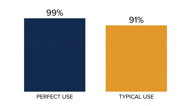 While theoretically over 99 percent effective, typical use accounts for missed doses, dropping the real-world effectiveness rate.