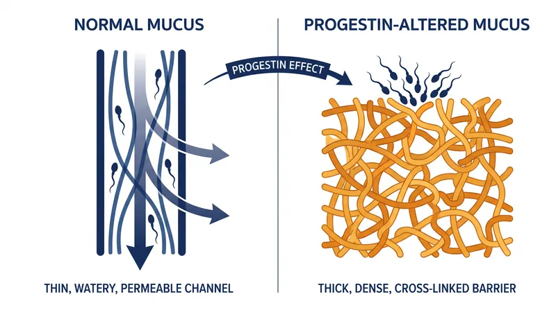 Progestin alters the water content and viscosity of cervical mucus, creating a physical barrier to sperm motility.