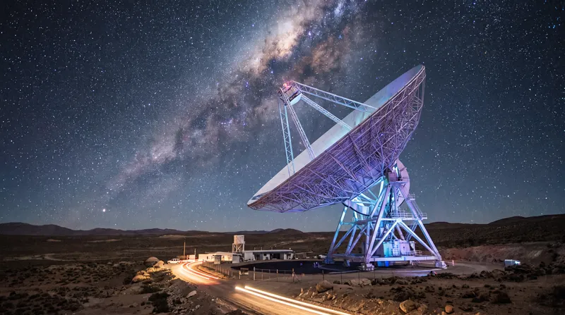 A large radio telescope dish silhouetted against a vibrant, star-filled night sky.