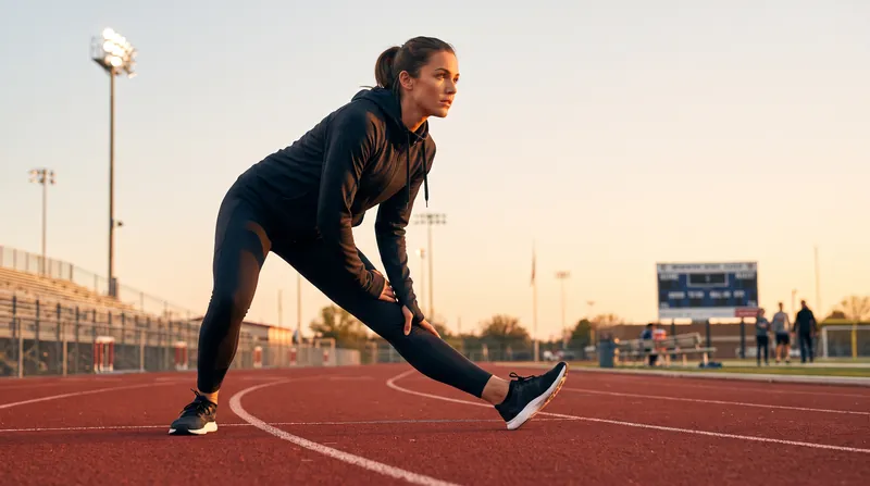 A female athlete in athletic wear performs a static hamstring stretch on a red running track.