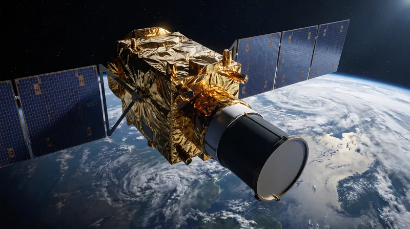 A satellite in low Earth orbit with solar panels deployed, pointing an optical sensor toward the Earth's surface.