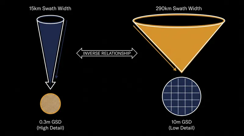 The optical trade-off: high-resolution sensors capture narrow strips of land, while wide-swath sensors capture less detail over massive areas.
