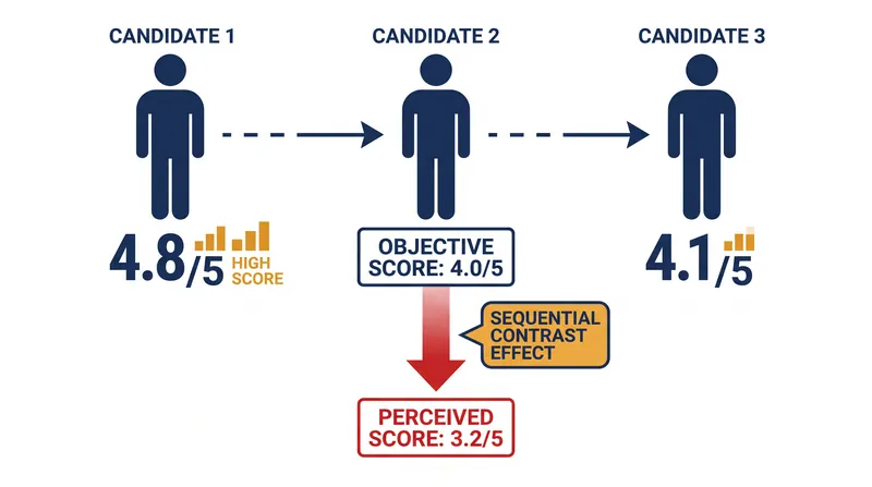 How a preceding high performer artificially depresses the score of the subsequent candidate.