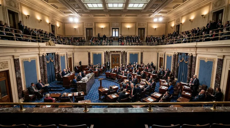 The interior of the United States Senate chamber showing the presiding officer's desk and the tiered wooden desks of the senators.