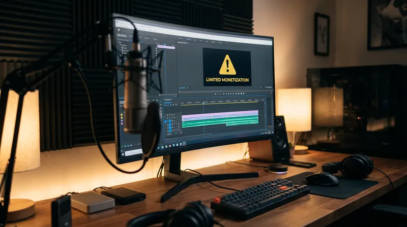 A glowing computer monitor displaying a video editing timeline with a yellow limited monetization warning icon in a modern studio.
