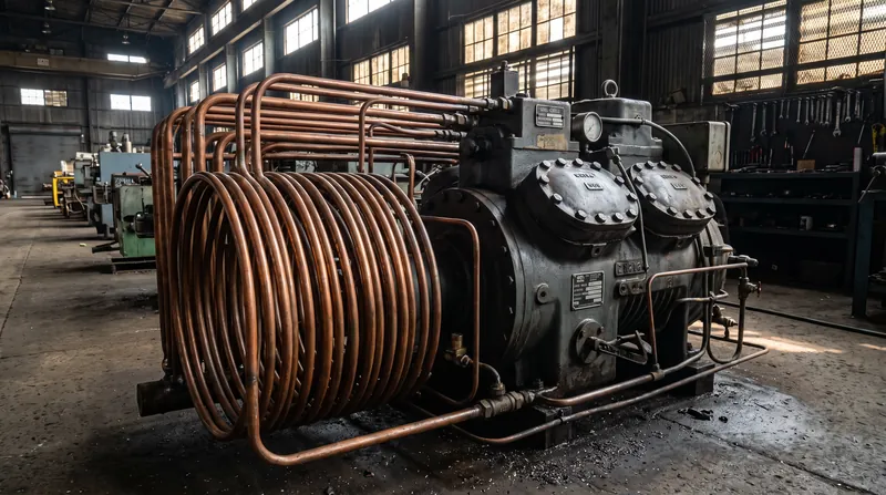 Exposed copper coils and a mechanical compressor unit of a large industrial refrigeration system.