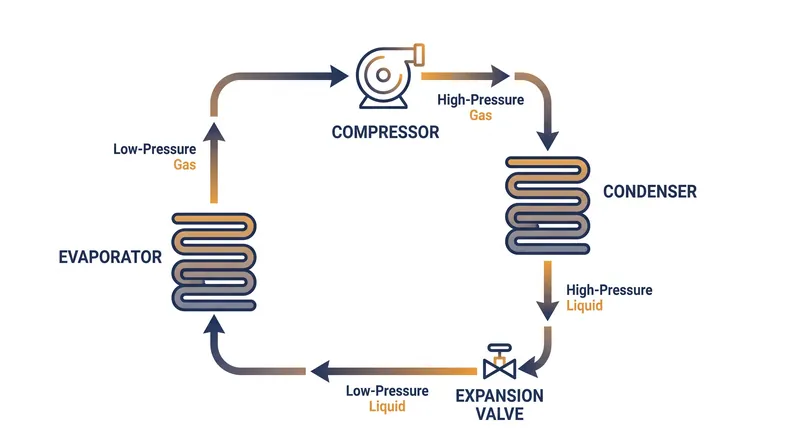 The four distinct stages of the vapor-compression cycle manipulate the pressure and temperature of the refrigerant.