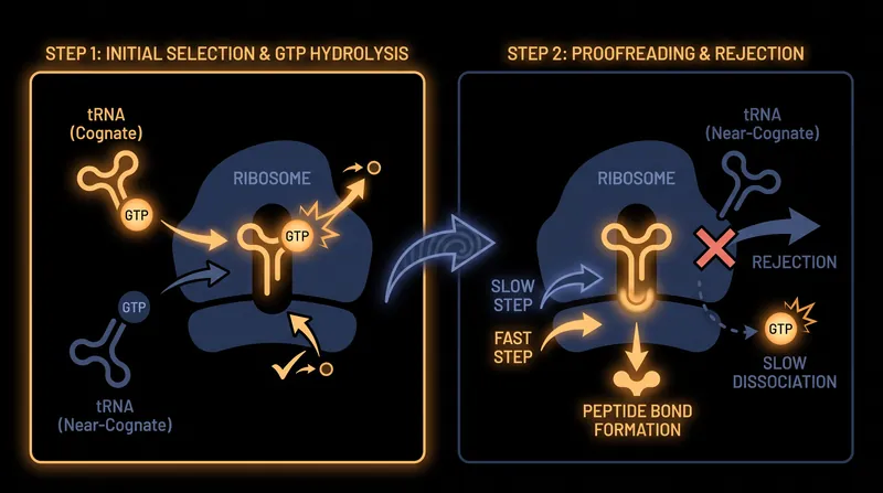 Kinetic proofreading uses GTP hydrolysis to delay the reaction, allowing incorrect tRNAs to detach.