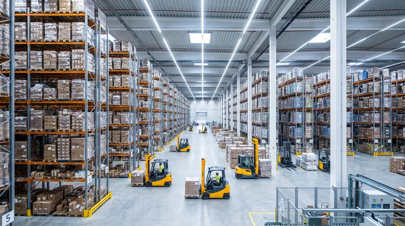 A massive, brightly lit centralized distribution warehouse interior with towering racks of palletized inventory and forklifts.