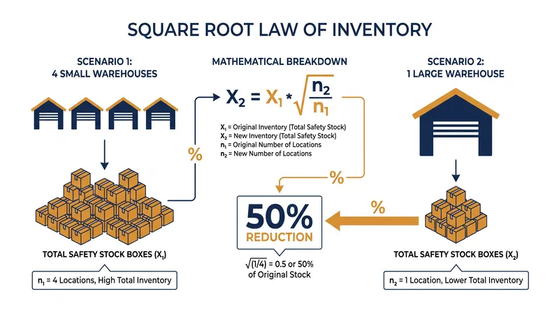 The Square Root Law demonstrates that consolidating four warehouses into one reduces required safety stock by half.