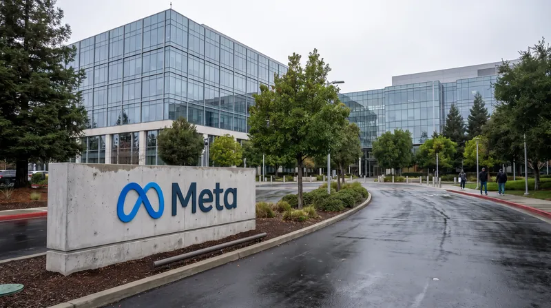 Exterior view of the Meta corporate headquarters sign in Menlo Park, California.