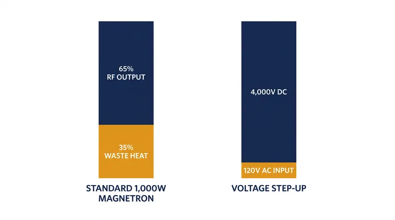 Magnetrons convert roughly 65% of their high-voltage DC input into usable microwave energy.