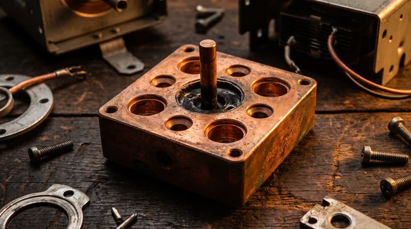 A close-up view of a dismantled copper cavity magnetron showing its internal circular resonators.