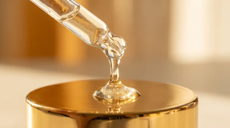 A close-up shot of a clear drop of skincare serum falling from a glass dropper.