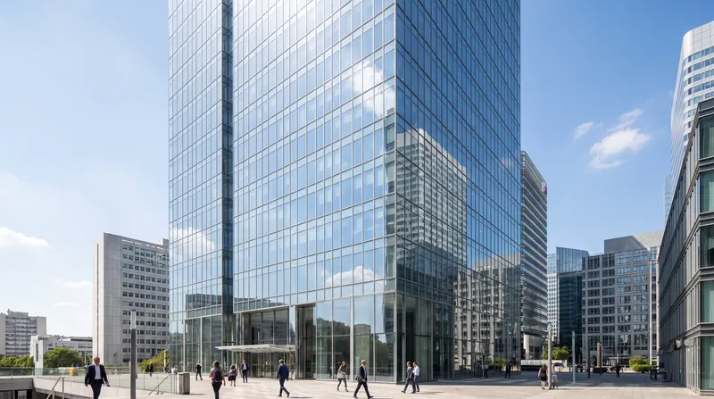 Exterior view of the modern glass skyscraper serving as TotalEnergies headquarters in Paris.